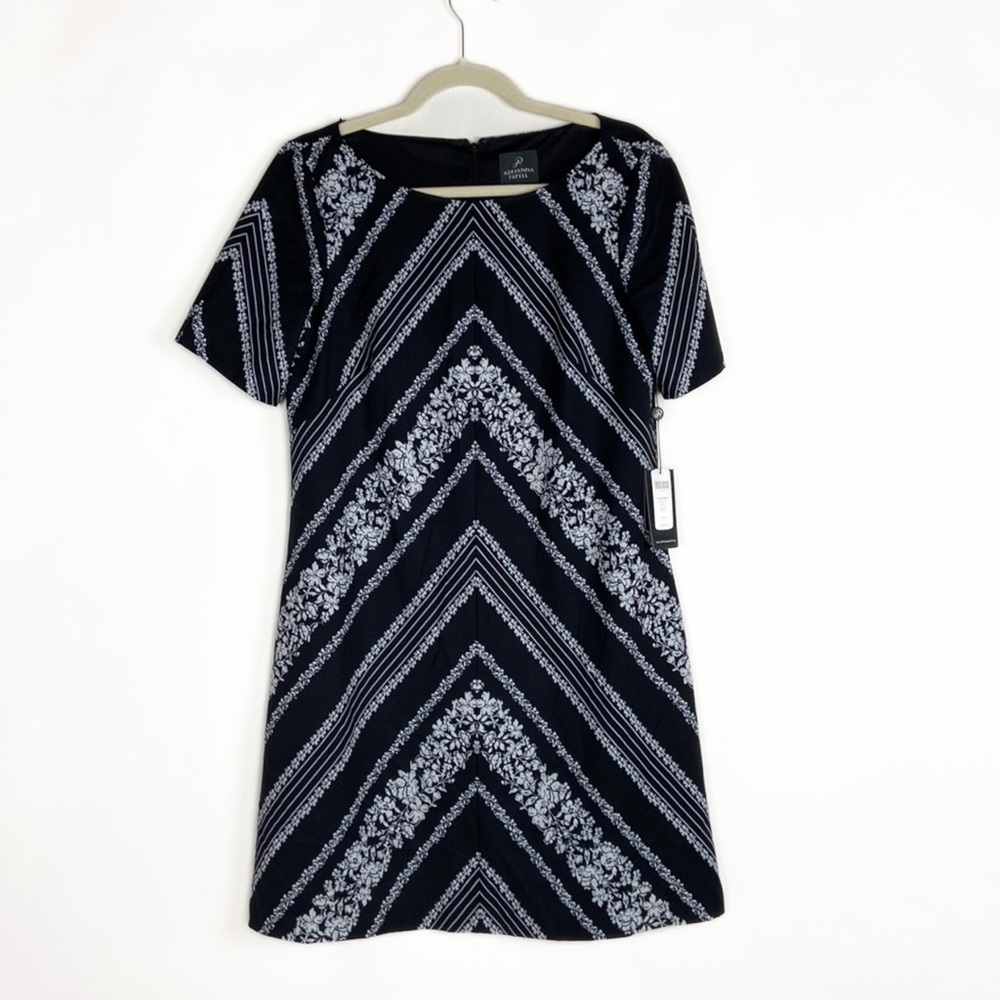 NWT Adrianna Papell Botanical Black White Short Sleeve Short Shift Dress